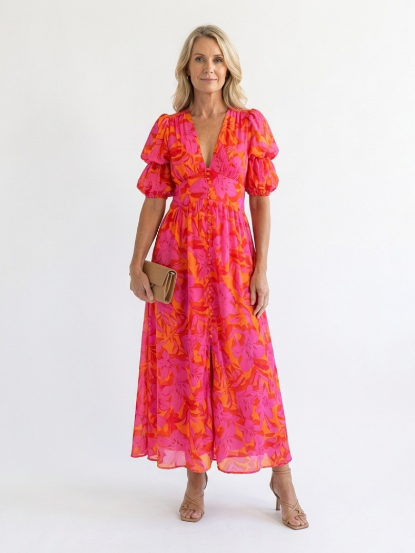 Willow | Florales V-Ausschnitt Midi-Kleid mit Puffärmeln