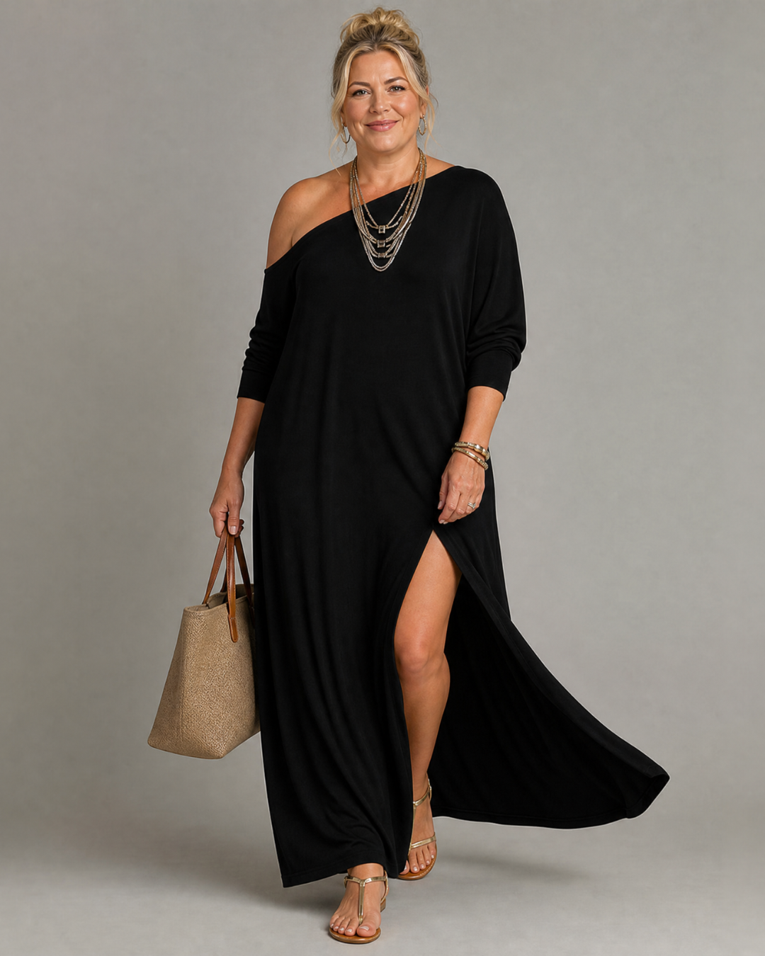 Asterelle | Einseitig Schulterfreies, Fließendes Midi-Kleid mit Schlitz