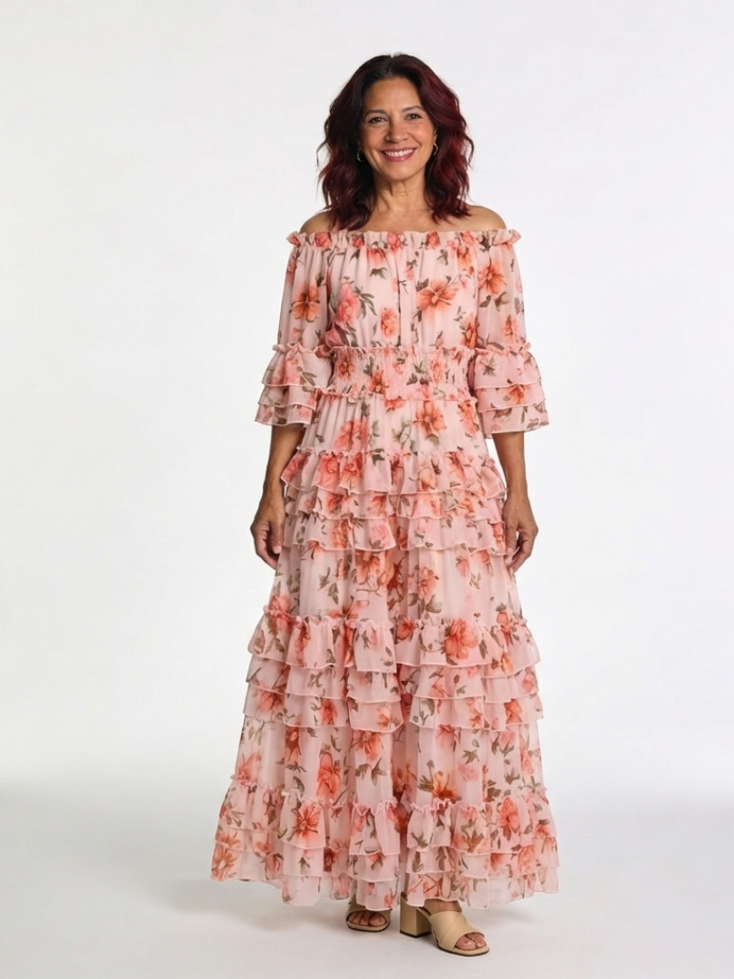 Rosalie | Off-Shoulder Blumenrüsch Tiered Maxikleid