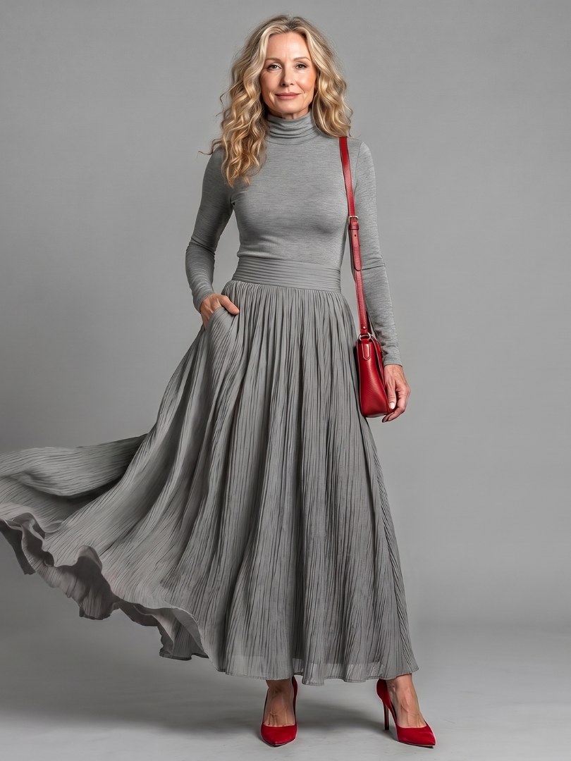 Lana | Langärmliges Turtleneck Kleid mit definiertem Taillenbereich und Midi-Länge