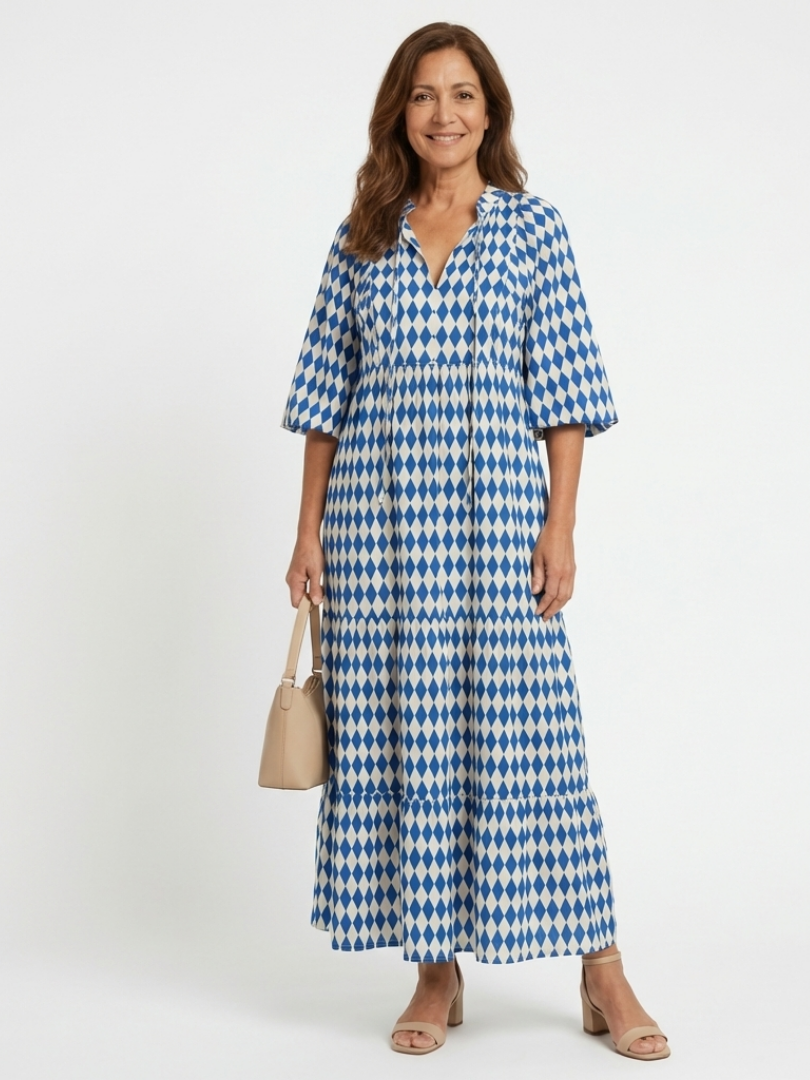 Elodie | Diamantmuster Stufen Midi Kleid