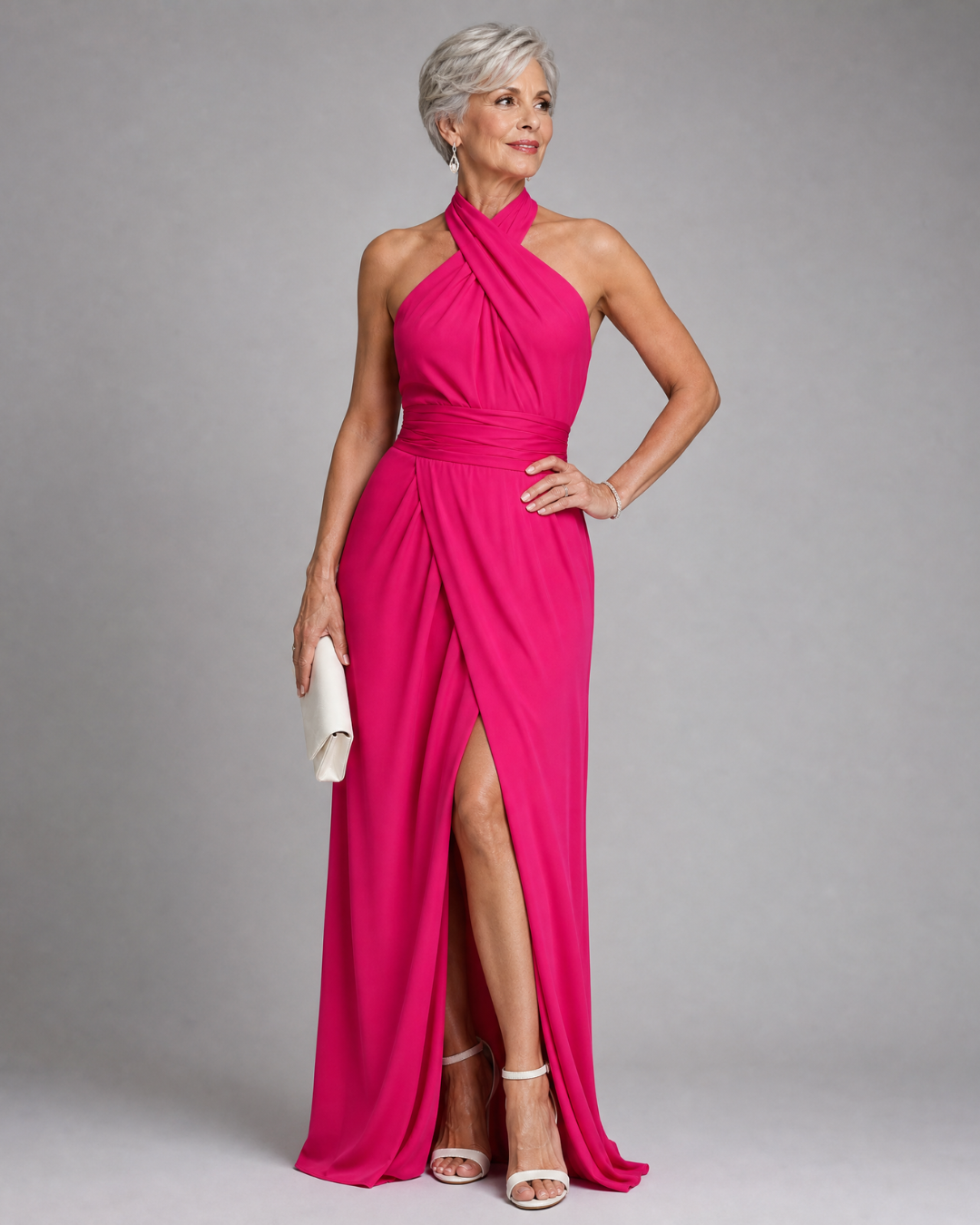 Vaelora | Kreuz-Halter Drapiertes Midi-Kleid mit Seitenschlitz