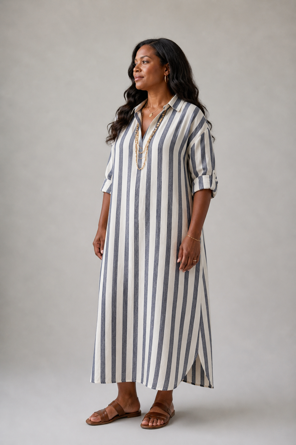 Naomi | Langärmeliges gestreiftes Midi-Hemdkleid