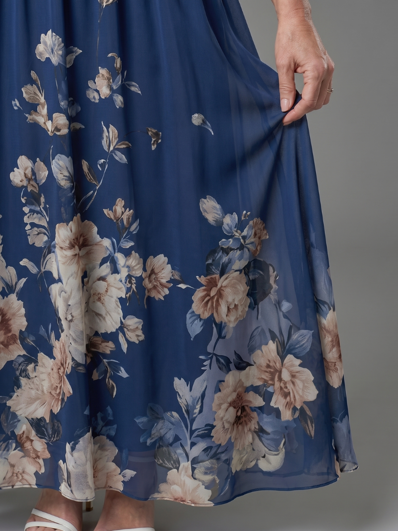 Clarissa | Ärmelloses V-Ausschnitt Midi-Kleid mit weichem floralem Saum
