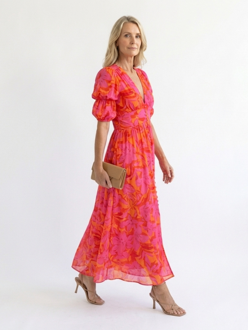 Willow | Florales V-Ausschnitt Midi-Kleid mit Puffärmeln
