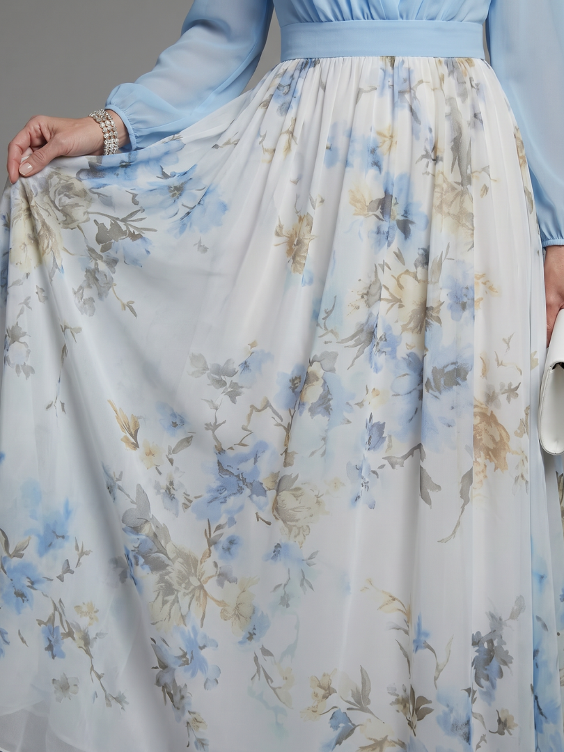 Augusta | V-Ausschnitt Transparente Oberteil Blumen Maxi Kleid