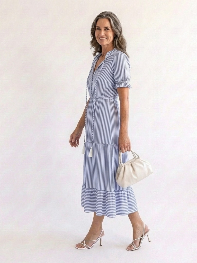 Dakota | Kurzärmliges gestreiftes, schichtetes Midikleid