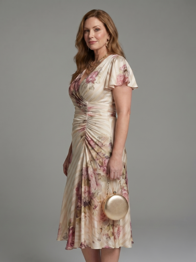 Katarina | Midi-Kleid mit Wickel-Design und fließenden Ärmeln im Blumenstreifen-Druck