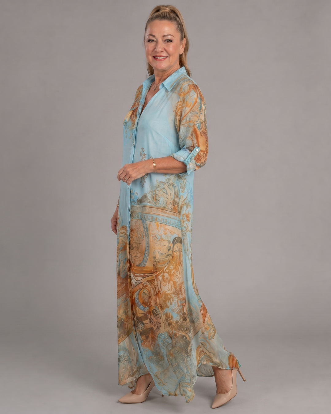 Azmira | Barockdruck Knopf-Front Fließendes Maxikleid
