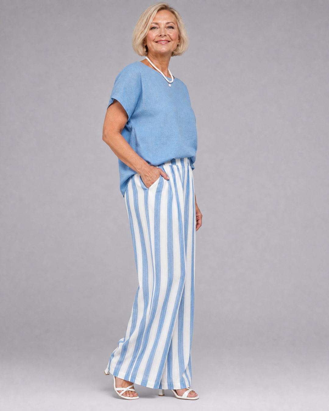 Miolna | Leinenmischung Top und gestreifte weite Hose Set