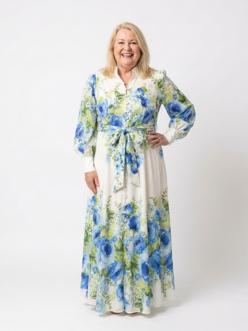 Harper | Langärmliges, blumenbedrucktes Maxikleid mit Knopfleiste