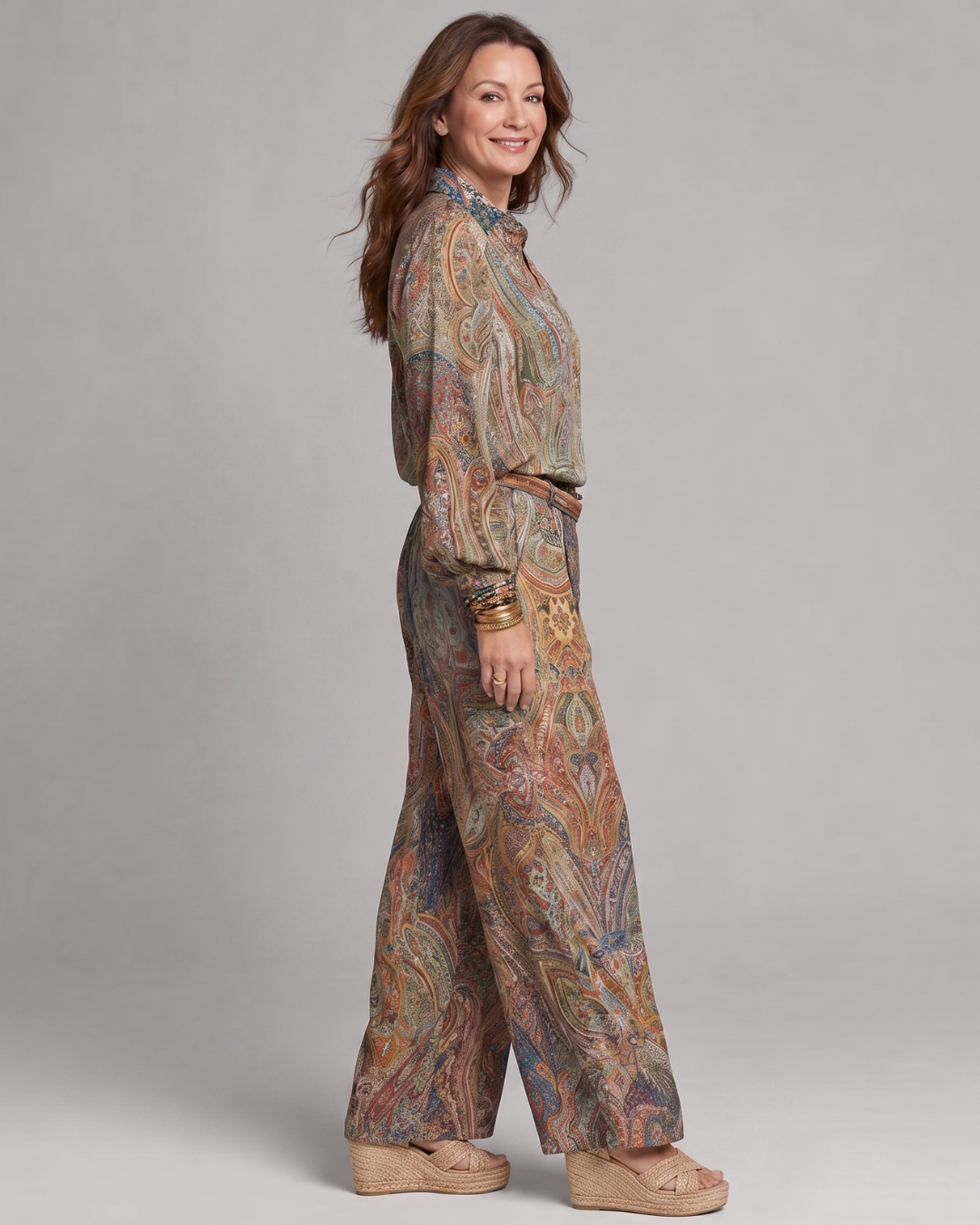 Virezza | Aufwändige Paisley-Print Bluse und weit geschnittene Hose Set