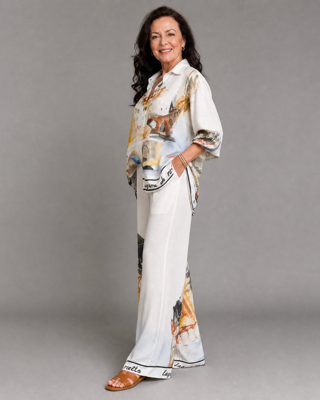 Calyra | Künstlerisches Print-Blusen- und Weitbein-Hosen-Set