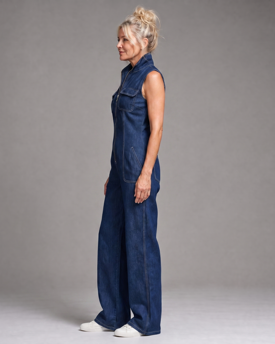 Samantha | Reißverschluss-Front Ärmelloses Denim Weitbein Jumpsuit