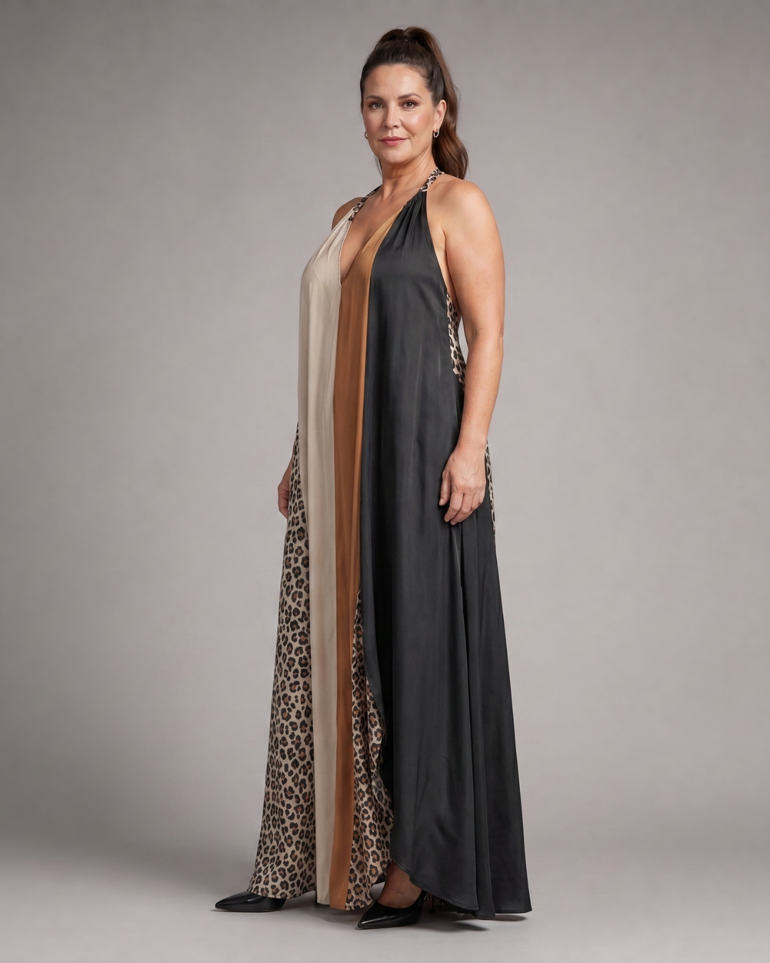 Zephielle | Farbblock Tierdruck Halter Fließendes Maxikleid