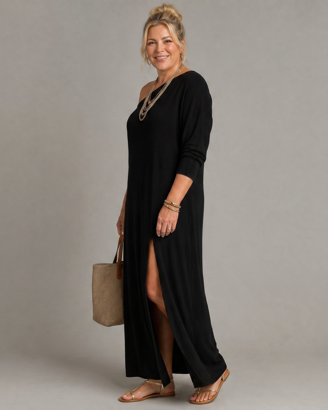 Asterelle | Einseitig Schulterfreies, Fließendes Midi-Kleid mit Schlitz