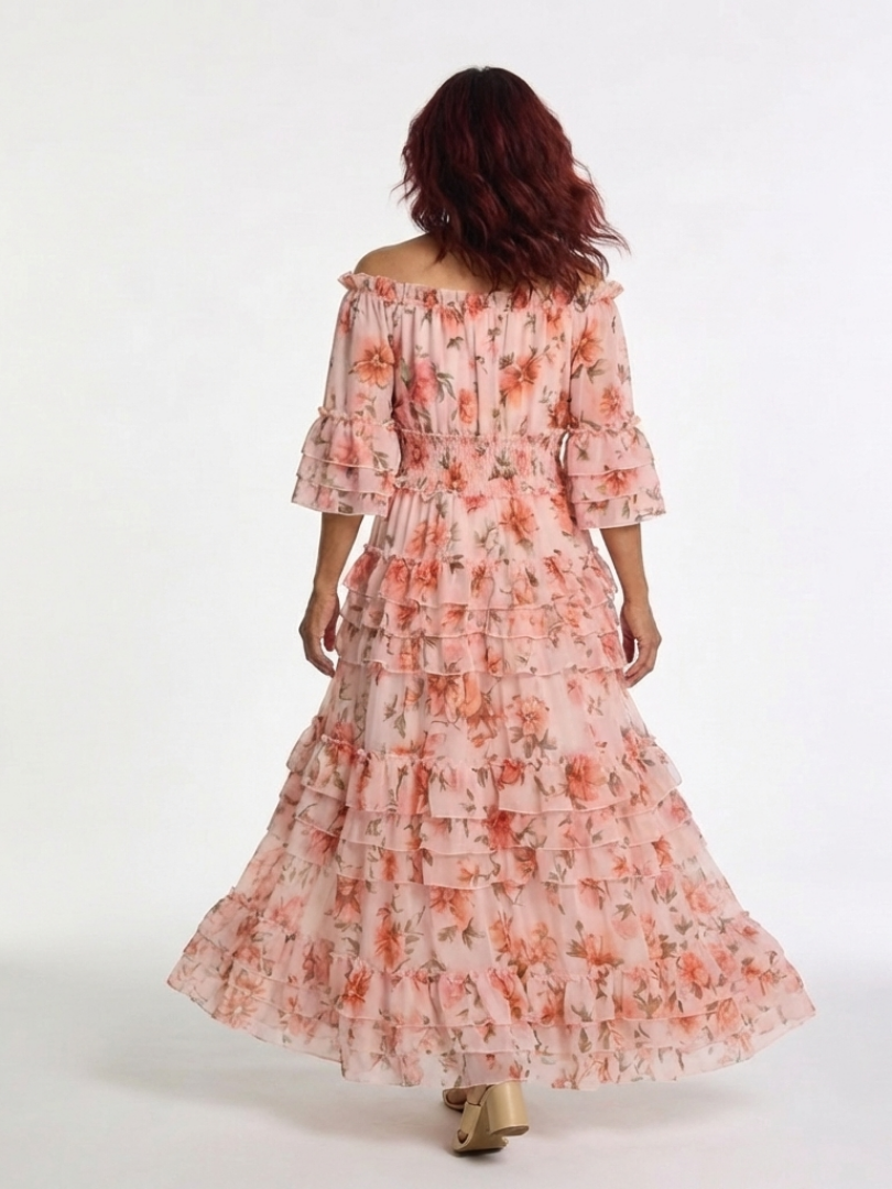 Rosalie | Off-Shoulder Blumenrüsch Tiered Maxikleid