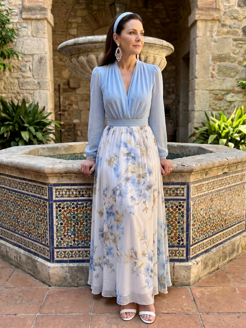 Augusta | V-Ausschnitt Transparente Oberteil Blumen Maxi Kleid