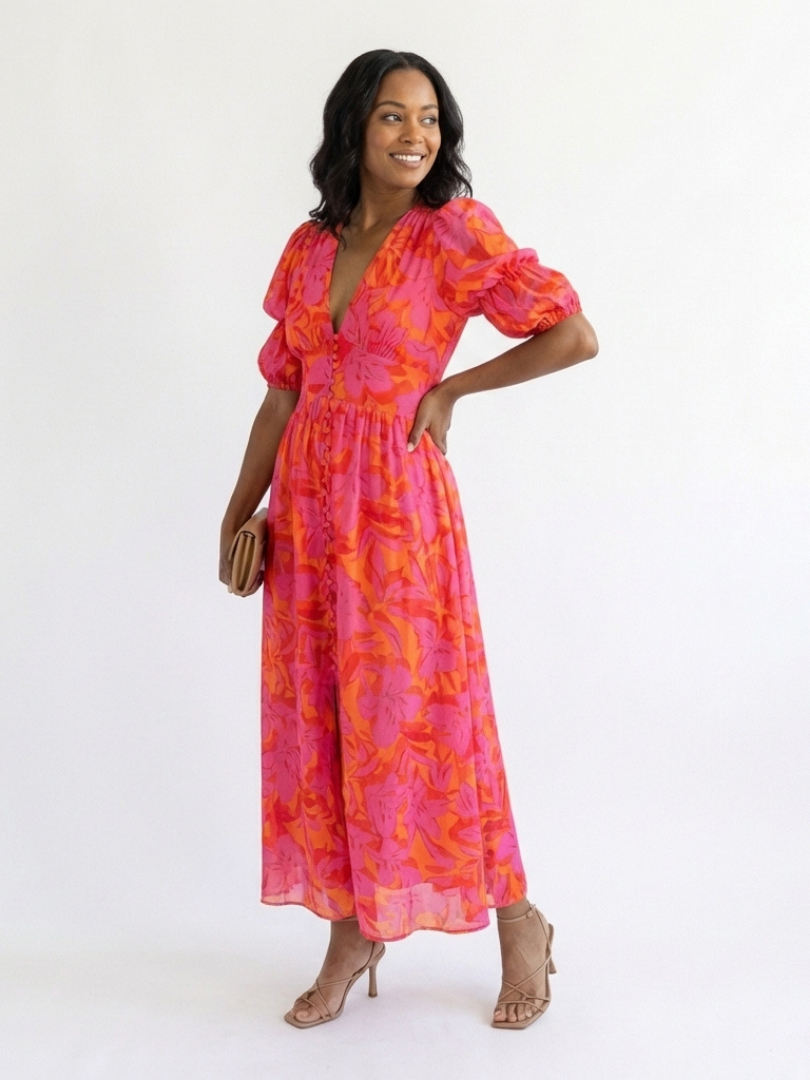 Willow | Florales V-Ausschnitt Midi-Kleid mit Puffärmeln