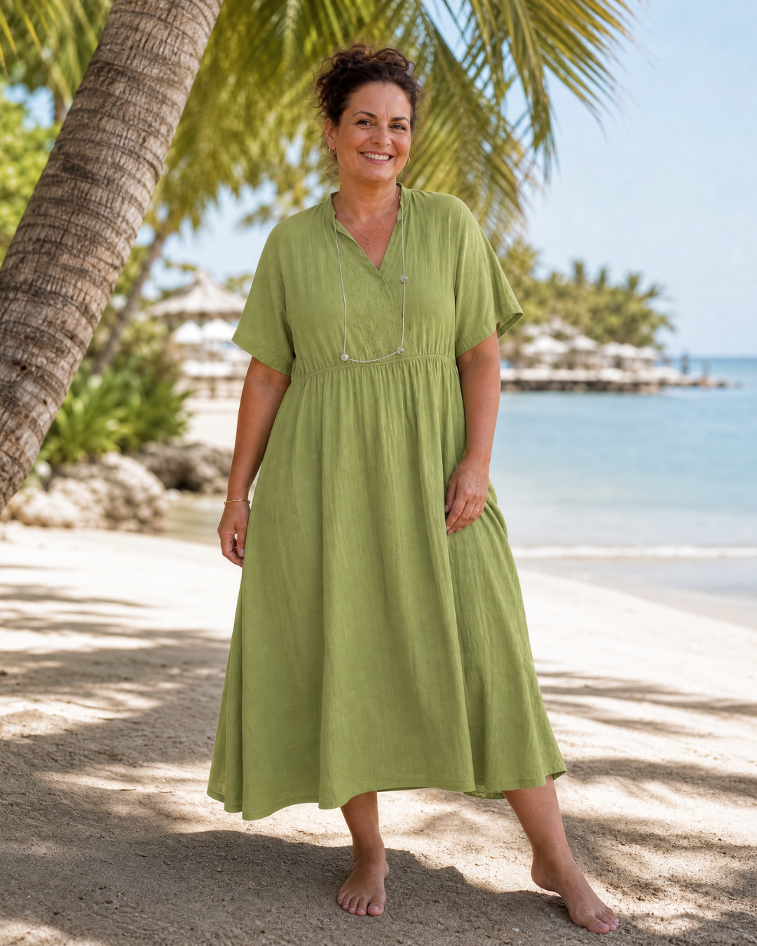 Eupherene | Texturiertes V-Ausschnitt Entspanntes Kurzarm Midi-Kleid