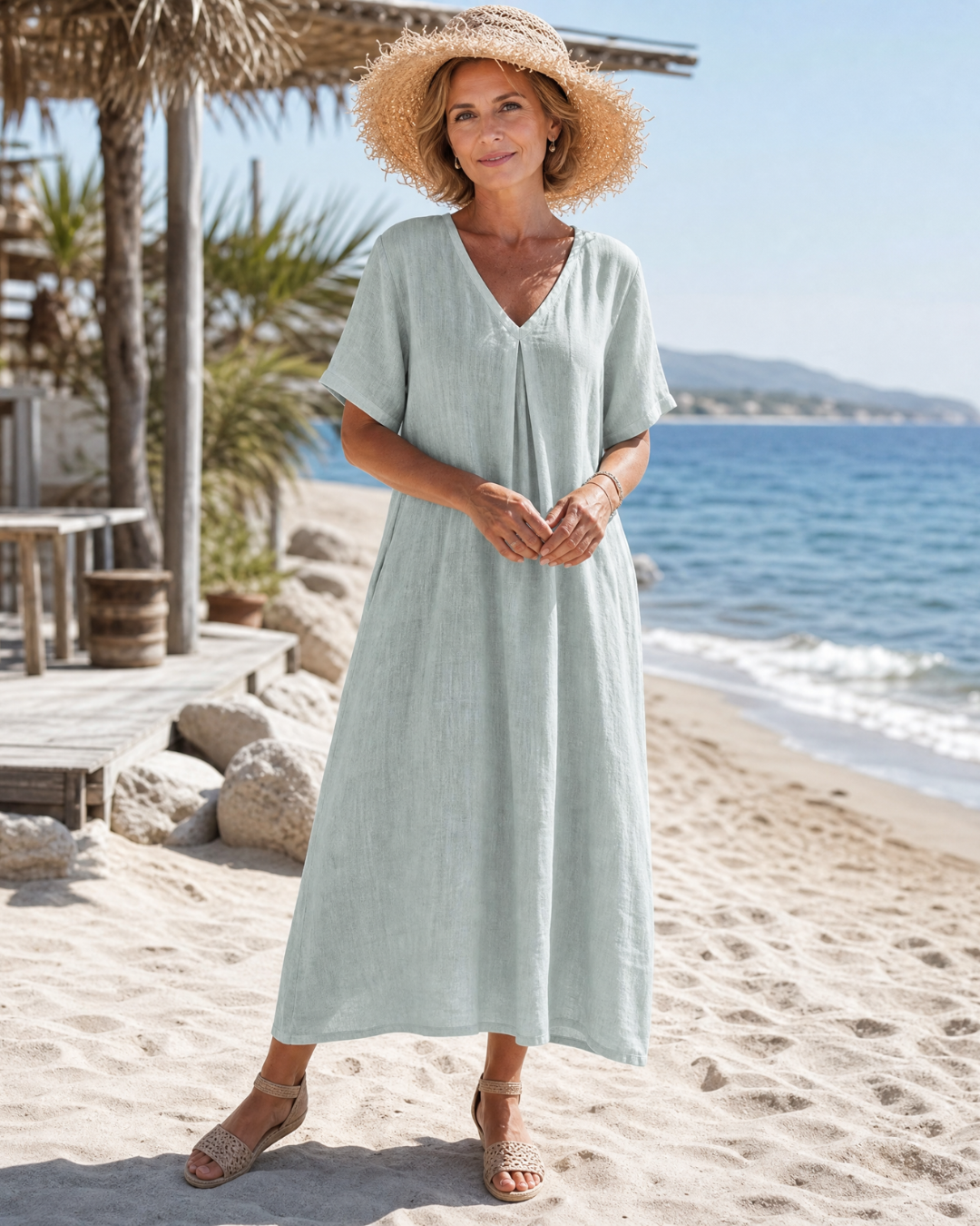 Thamal | Gewaschenes Baumwollmischung V-Ausschnitt Relaxed Midi Kleid