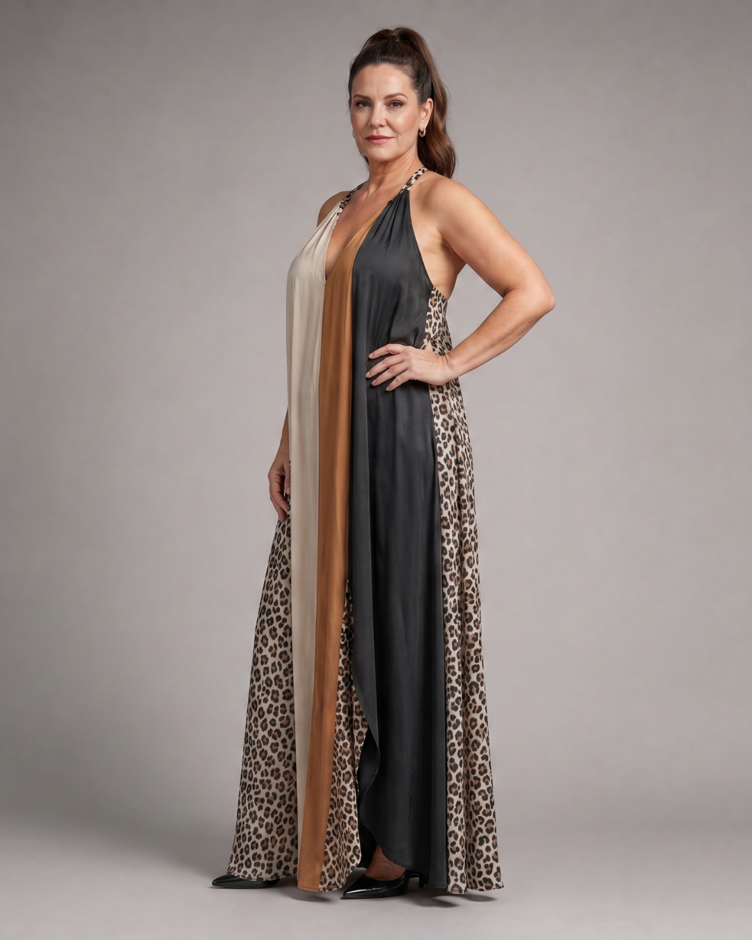 Zephielle | Farbblock Tierdruck Halter Fließendes Maxikleid