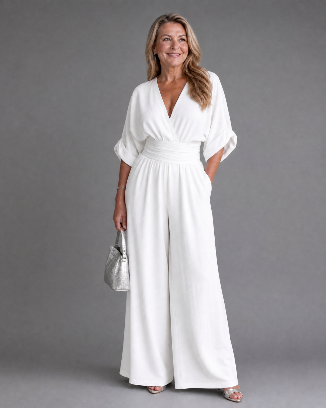 Emene | Drapierter V-Ausschnitt weiter Beinschnitt entspannter Jumpsuit