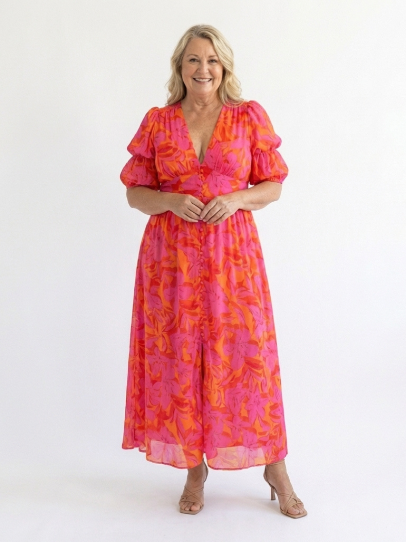 Willow | Floral V-Ausschnitt Puffärmel Midi-Kleid