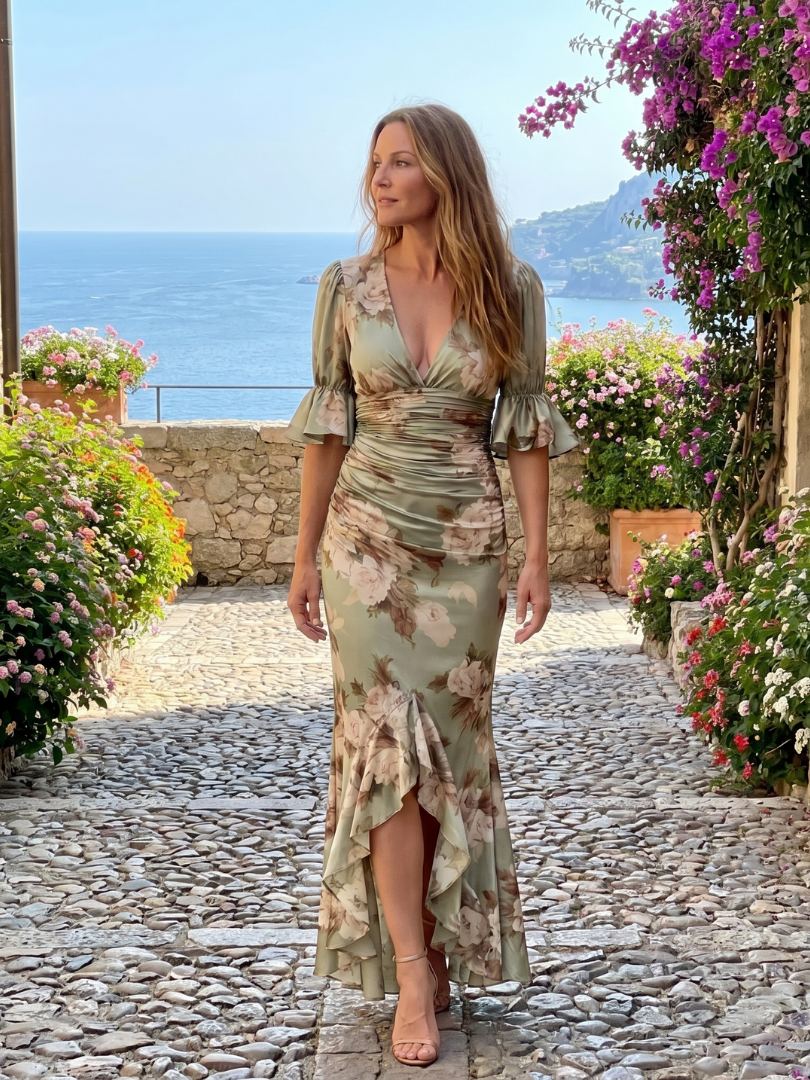Palm | Kurzes V-Ausschnitt-Midi-Kleid mit gerafftem Bund
