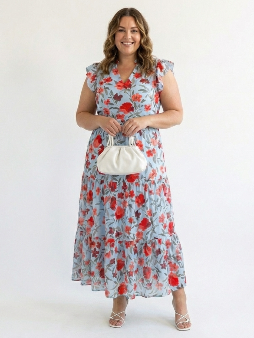 Lila | Florales V-Ausschnitt Stufen-Midi-Kleid