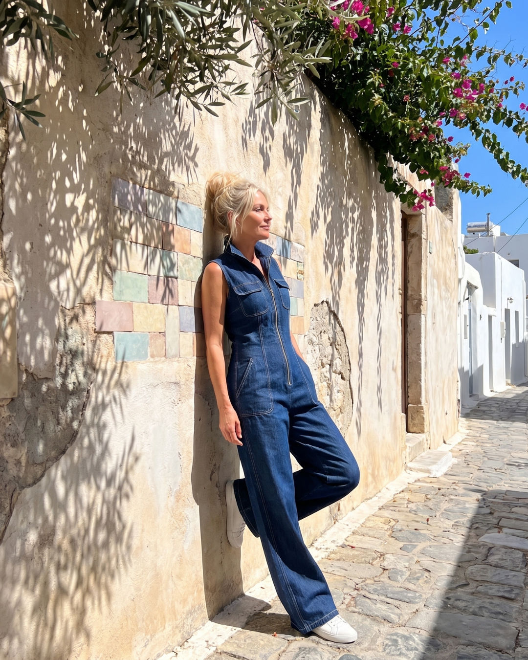 Samantha | Reißverschluss-Front Ärmelloses Denim Weitbein Jumpsuit