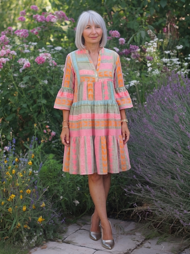Maelle | Geometrisches Print V-Ausschnitt Schichtkleid in knielanger Länge