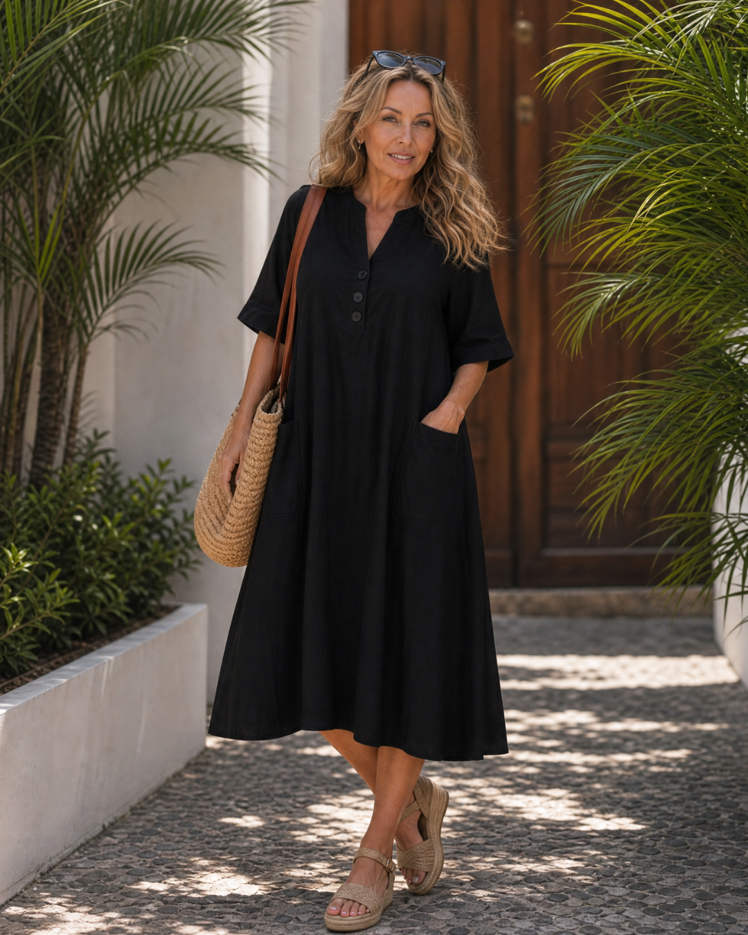 Lumar | Knopfdetail Drei Viertel Ärmel Lässiges Midi Kleid