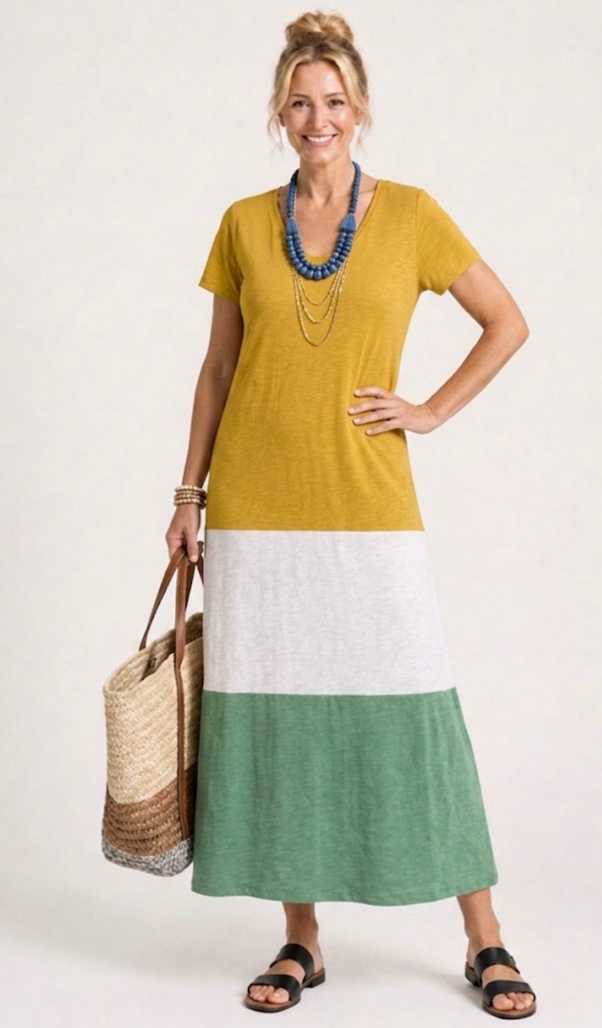 Thalia | Kurzärmliges Color Block V-Ausschnitt Midi-Kleid