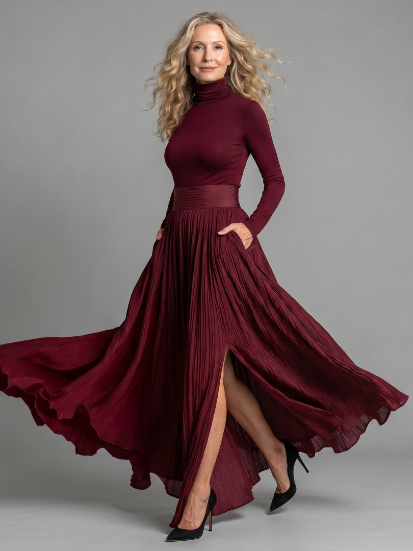Lana | Langärmliges Turtleneck Kleid mit definiertem Taillenbereich und Midi-Länge