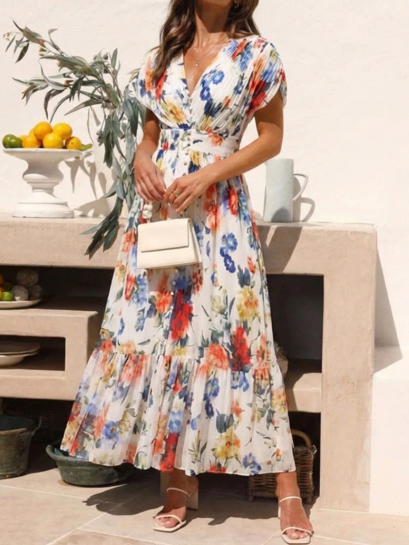 Savannah | Kurzärmliges, gefälteltes, florales Midikleid