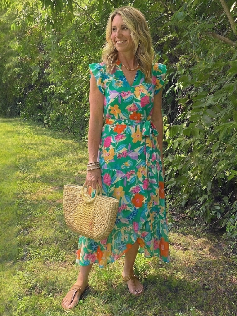 Lila | Florales V-Ausschnitt Stufen-Midi-Kleid