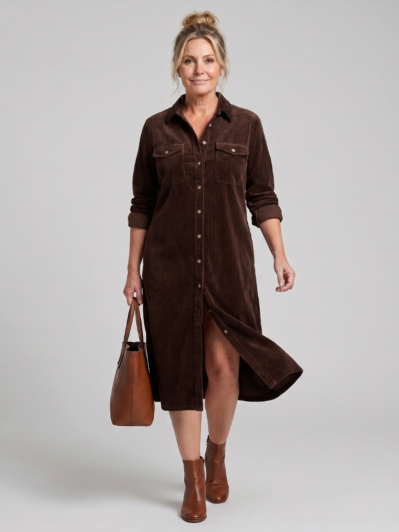 Pema | Midi-Kleid mit langen Ärmeln und aufgesetzten Taschen