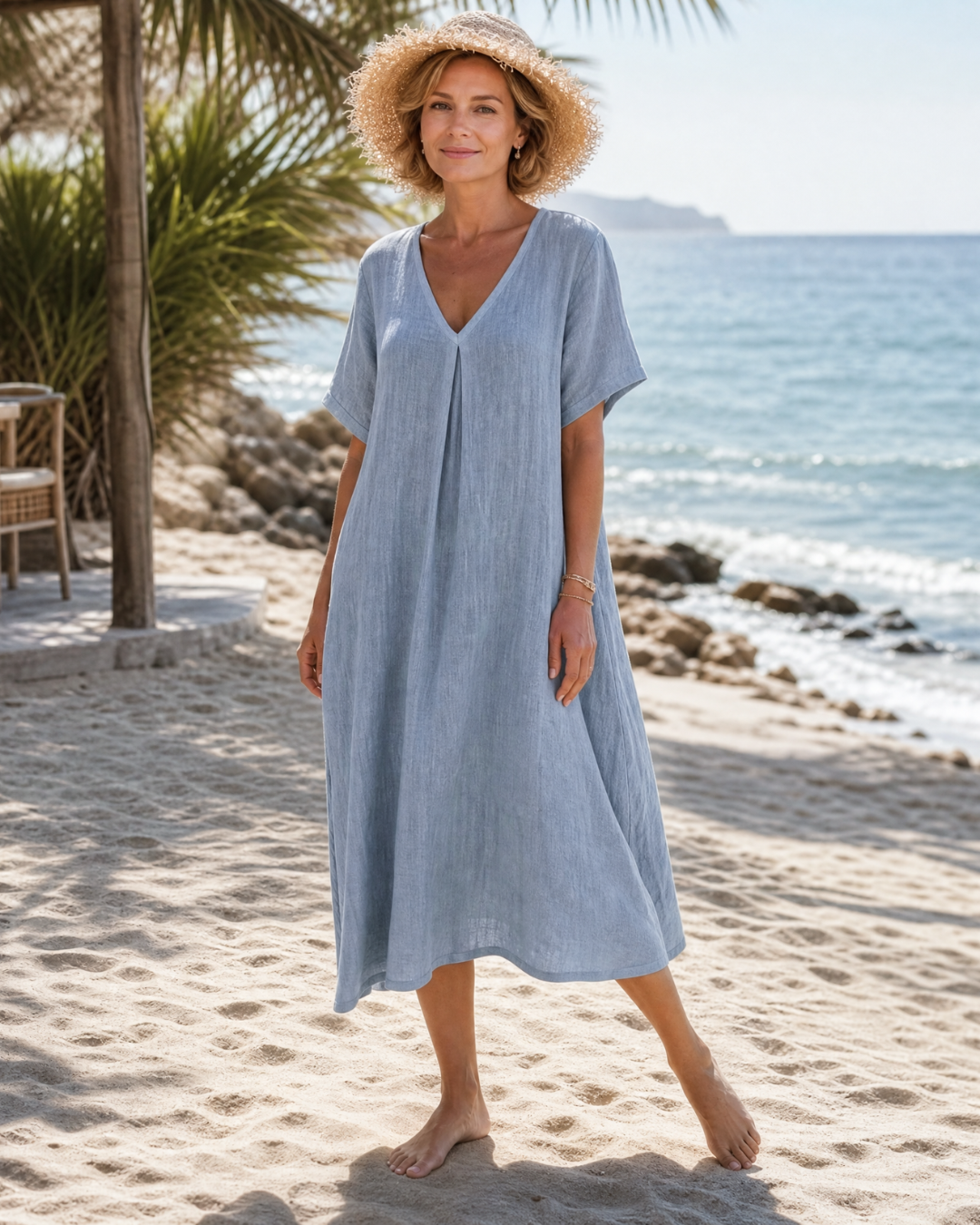 Thamal | Gewaschenes Baumwollmischung V-Ausschnitt Relaxed Midi Kleid