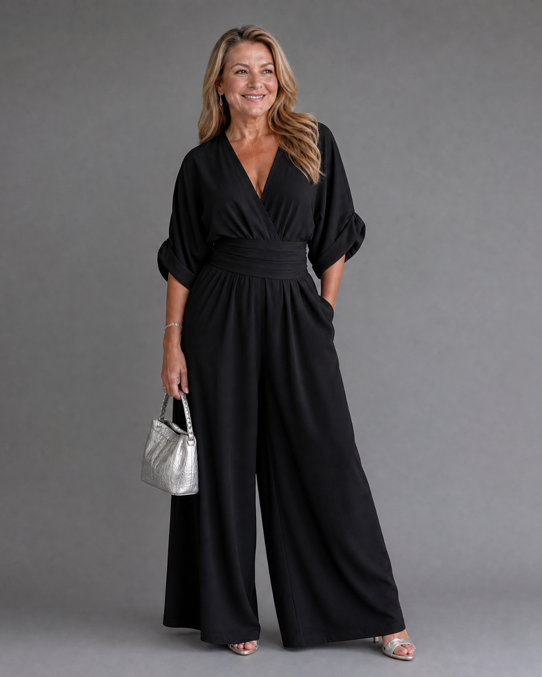 Emene | Drapierter V-Ausschnitt weiter Beinschnitt entspannter Jumpsuit