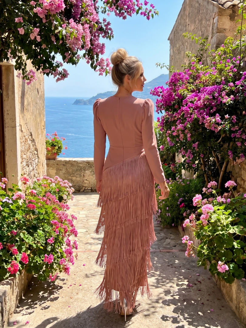 Samara | Midi-Kleid mit langen Ärmeln und weichem Fransenrock