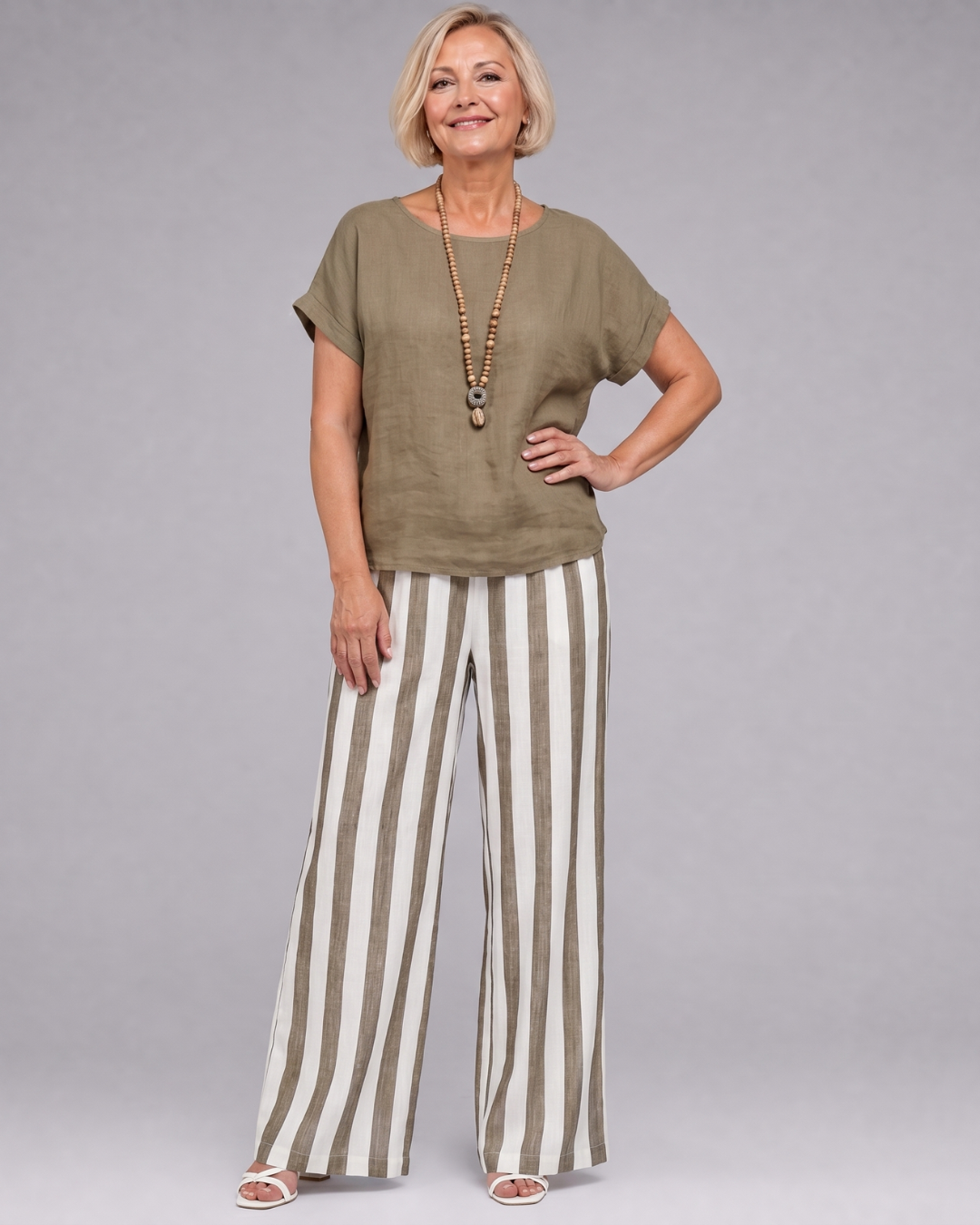 Miolna | Leinenmischung Top und gestreifte weite Hose Set