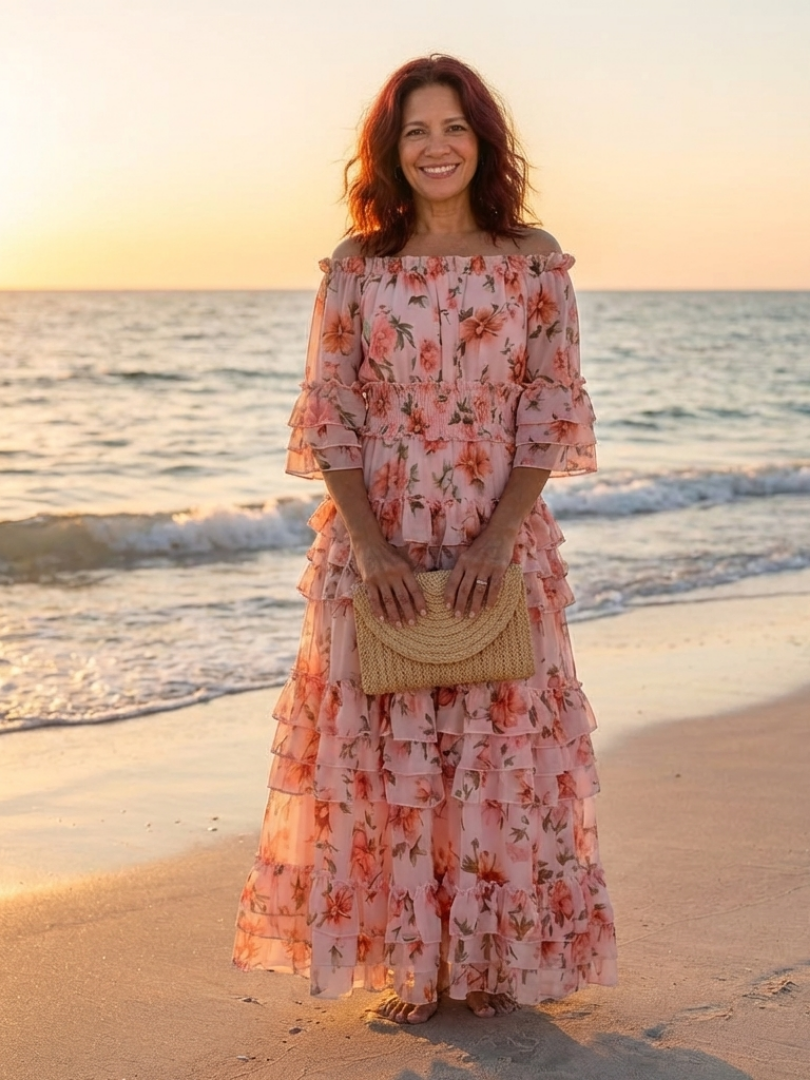 Rosalie | Off-Shoulder Blumenrüsch Tiered Maxikleid