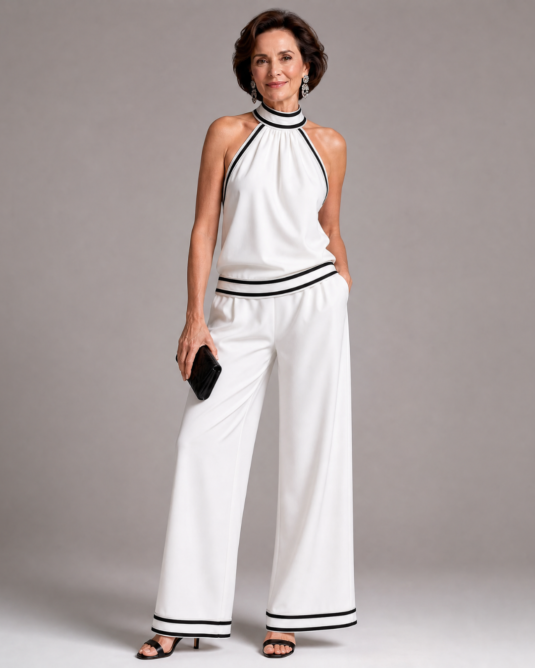 Zephyrine | Kontrastbesatz Halterneck Weite Bein Jumpsuit