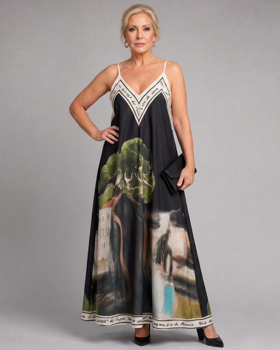 Lira | Scenic Print Ärmelloses Fließendes Midi-Kleid