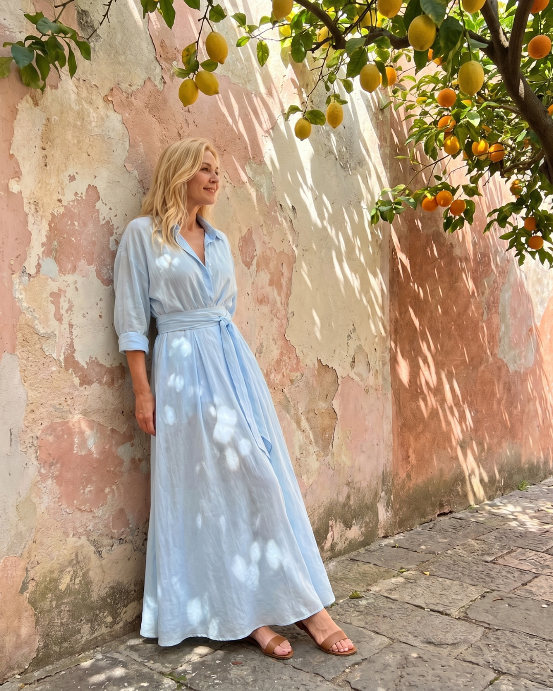 Zelith | Gürteltes, mit Kragen versehenes, fließendes Midi-Kleid mit langen Ärmeln
