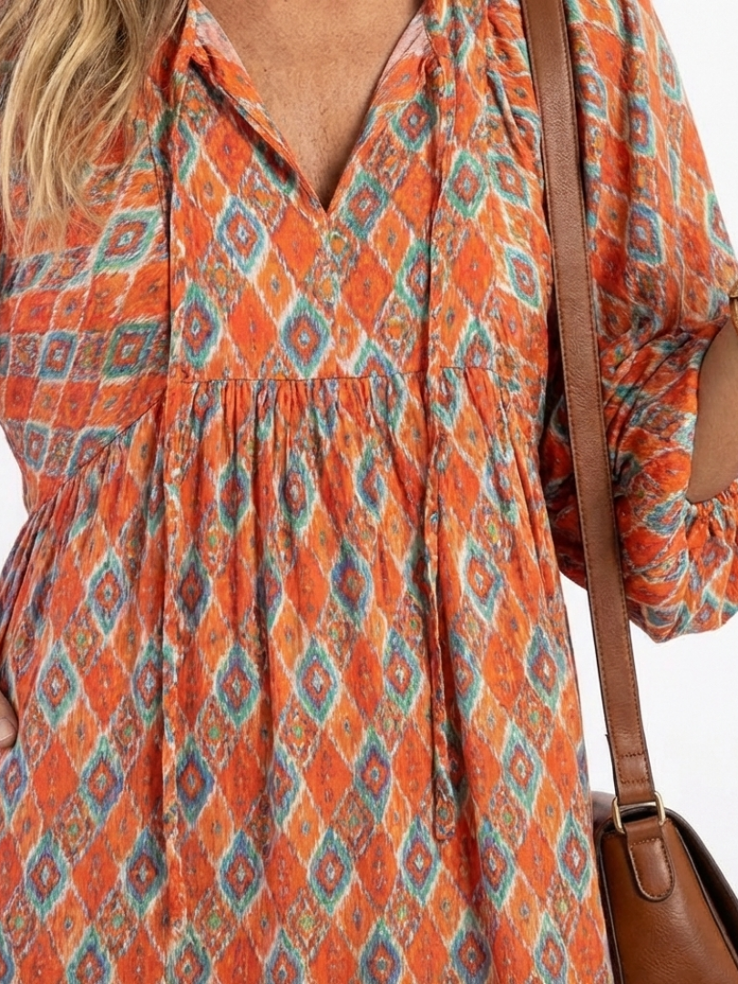Amara | Geometrisches Druck V-Ausschnitt Midi Kleid