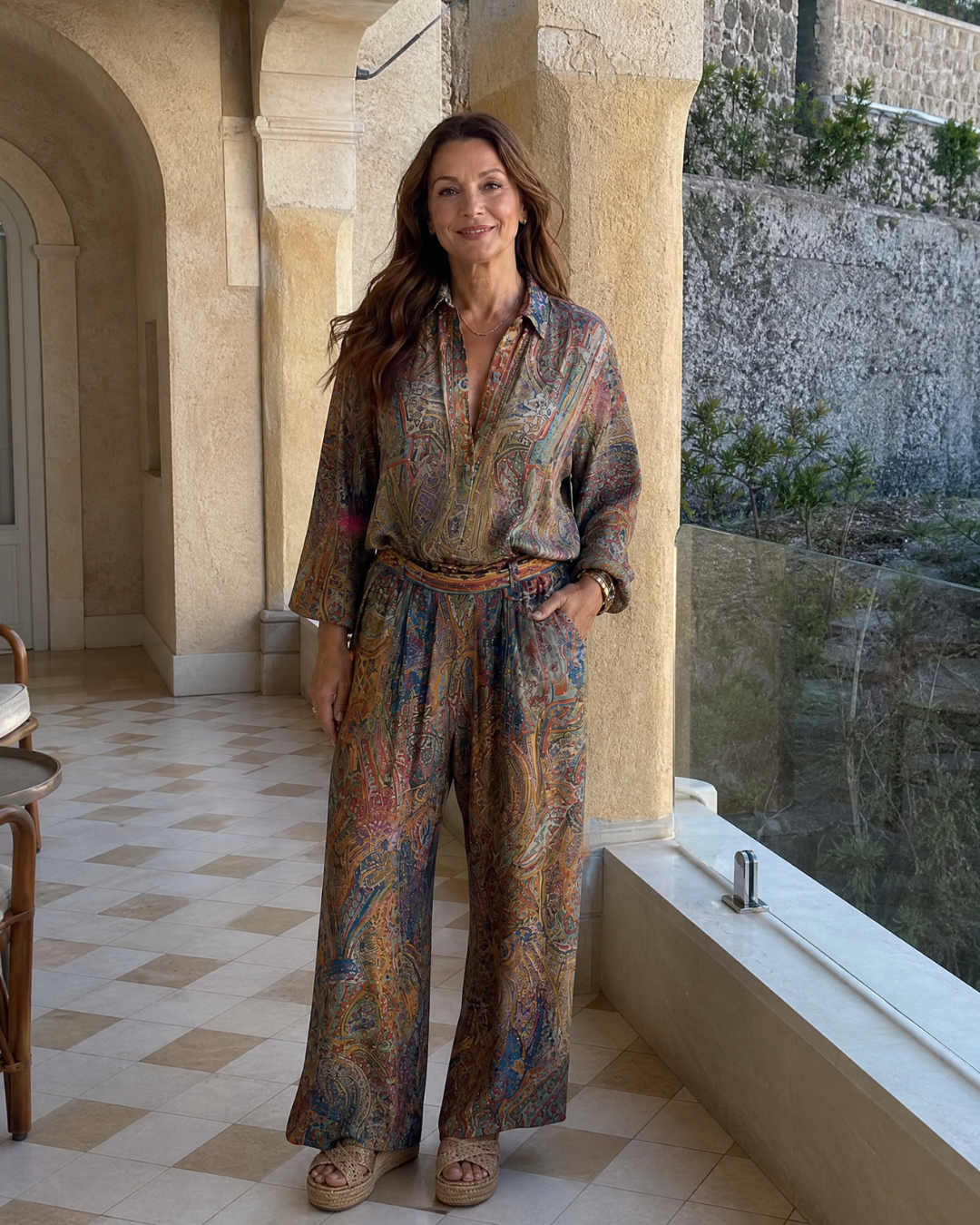Virezza | Aufwändige Paisley-Print Bluse und weit geschnittene Hose Set