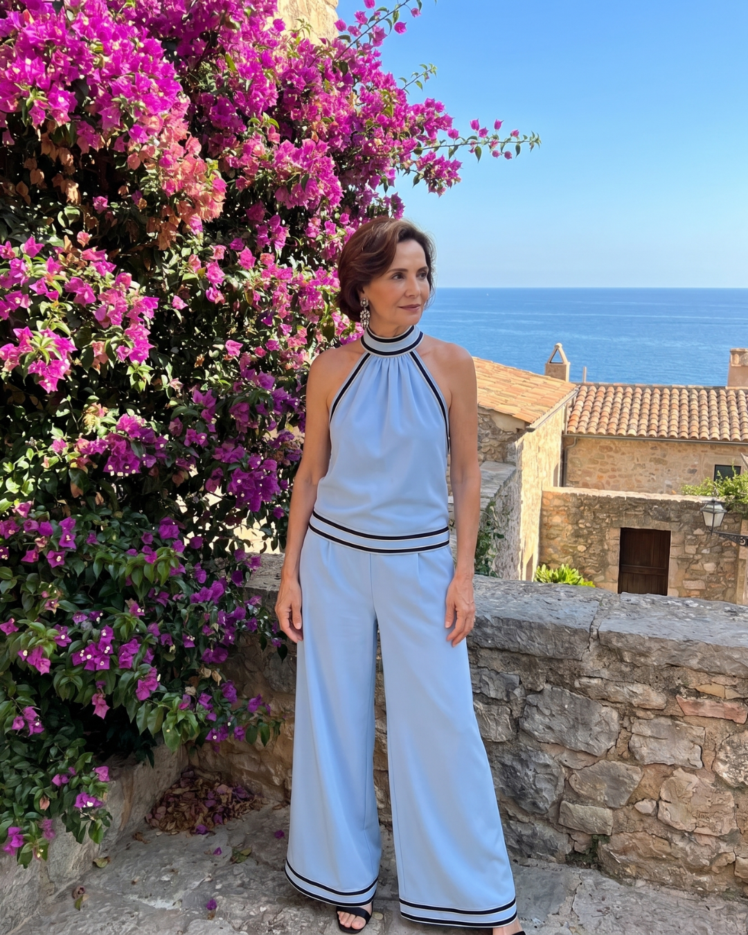 Zephyrine | Kontrastbesatz Halterneck Weite Bein Jumpsuit