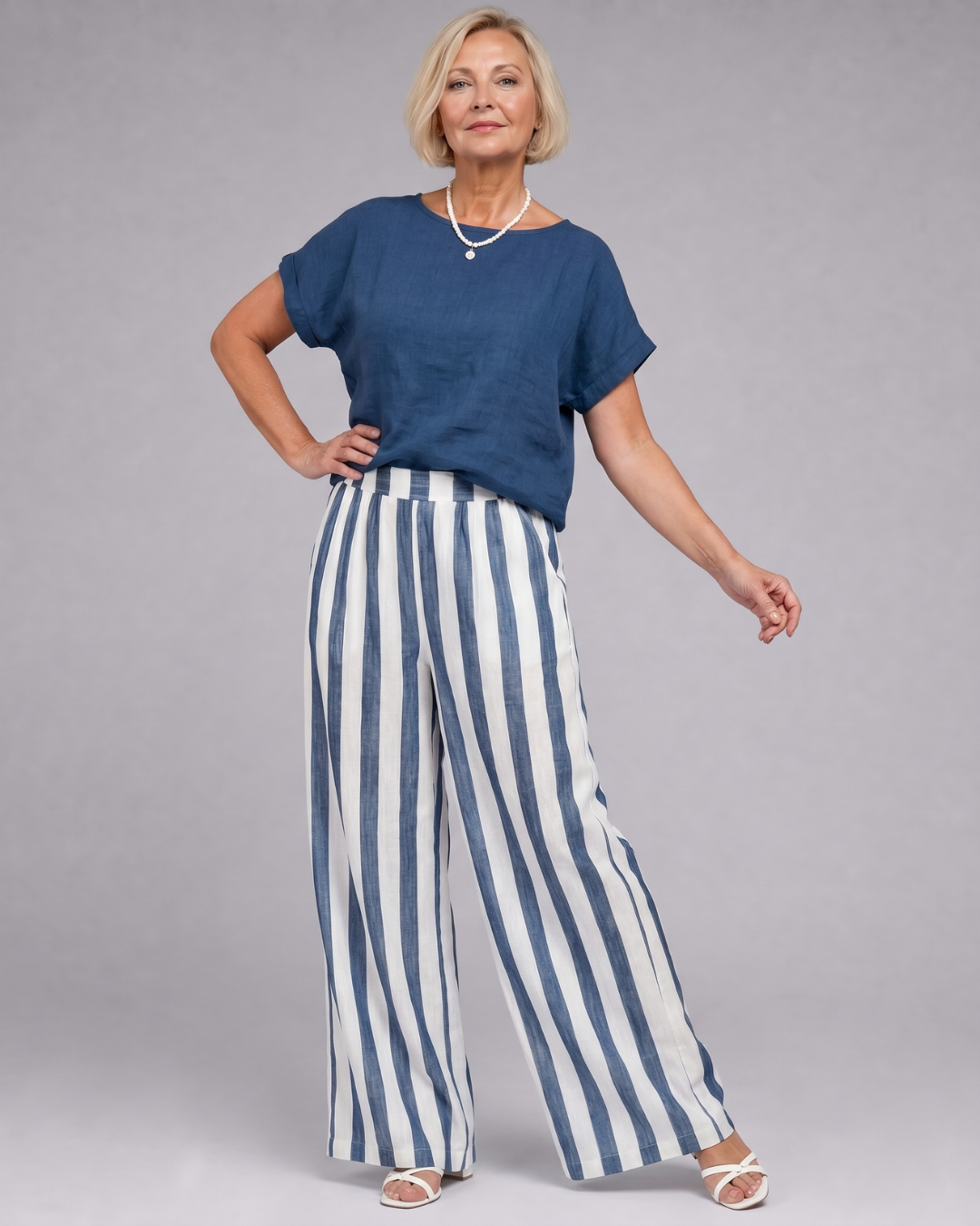 Miolna | Leinenmischung Top und gestreifte weite Hose Set